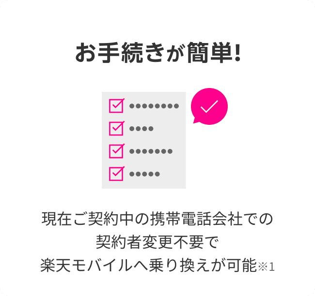 お手続きが簡単!現在ご契約中の携帯会社での契約者変更不要で楽天モバイルへ乗り換えが可能